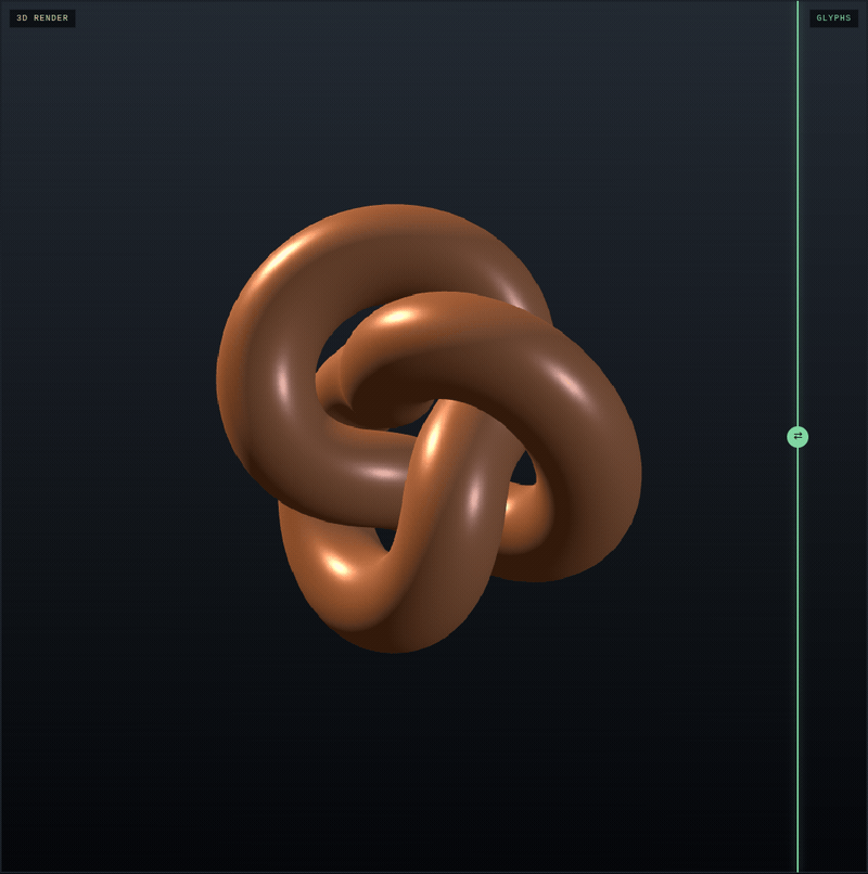 The un-blur scrubber sweeping across the demo: 3D render on one side of the divider, glyph raster on the other.