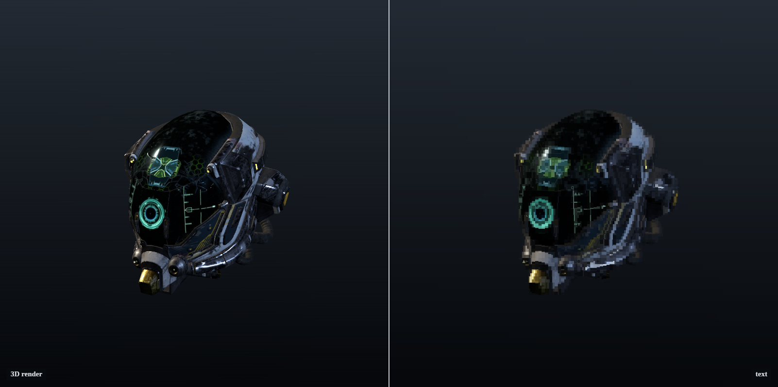 Left: native 3D render of a sci-fi helmet. Right: the same frame rendered entirely as text — one glyph plus two colors per cell.